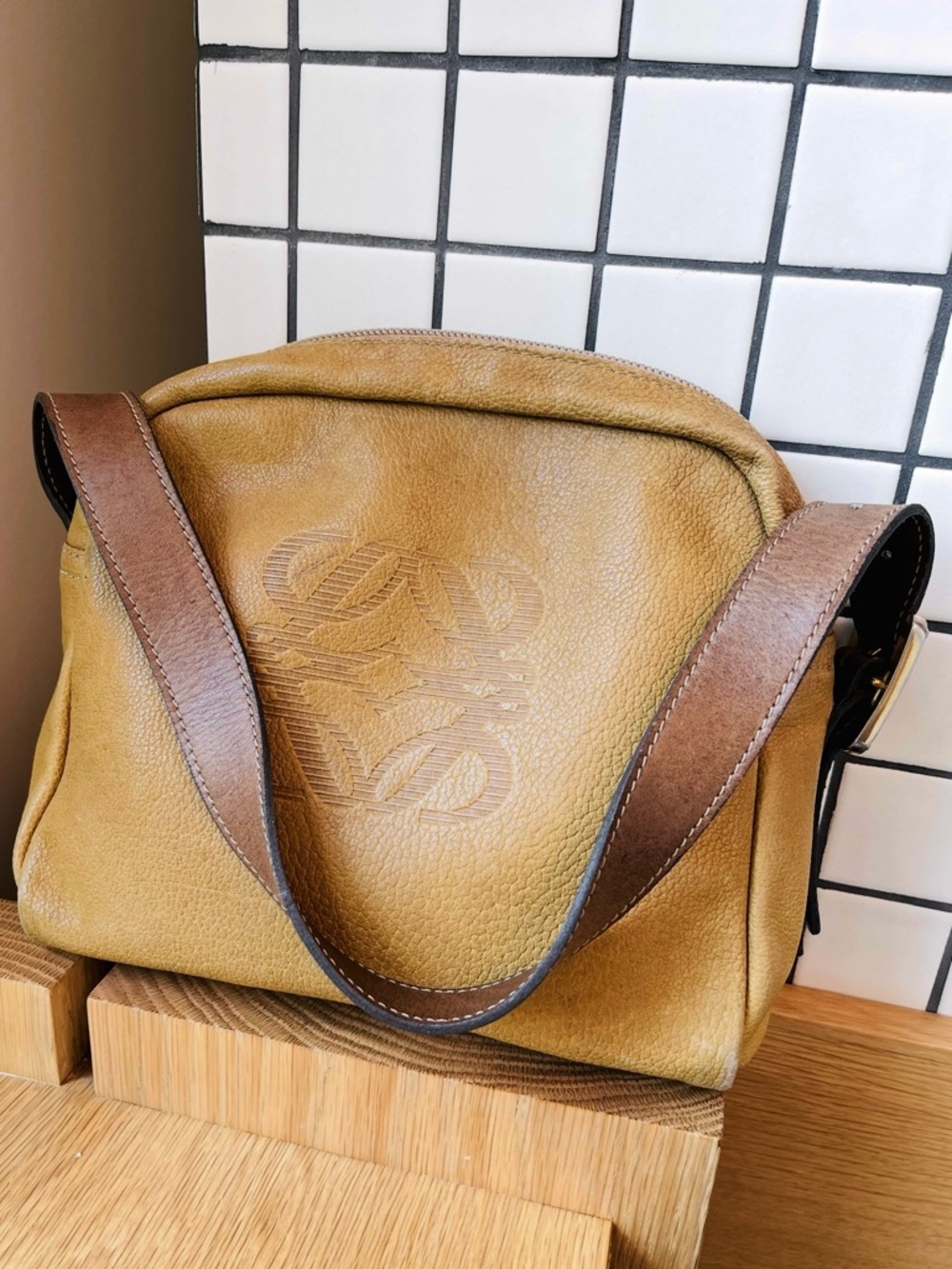 Loewe Brown Leather Anagram Logo Embossed Monogram Shoulder Bag